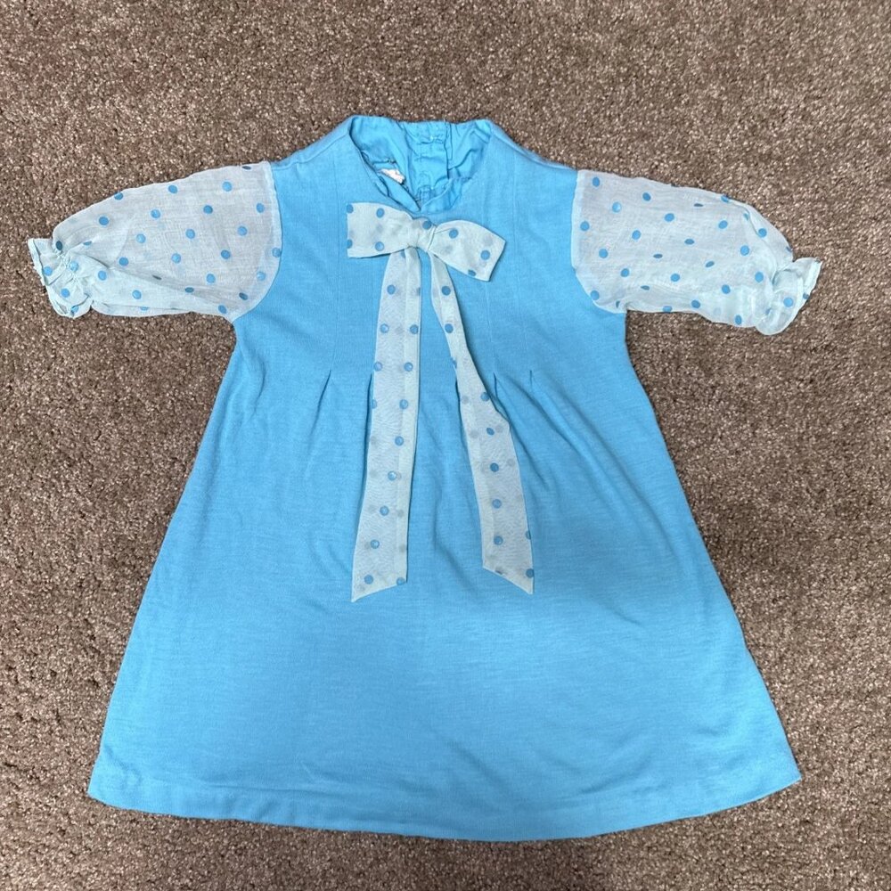 Vintage Polka Dot Dress Girls Sz 6 Blue Pleated Bow Neck‎ Pettibelle MFG Zip